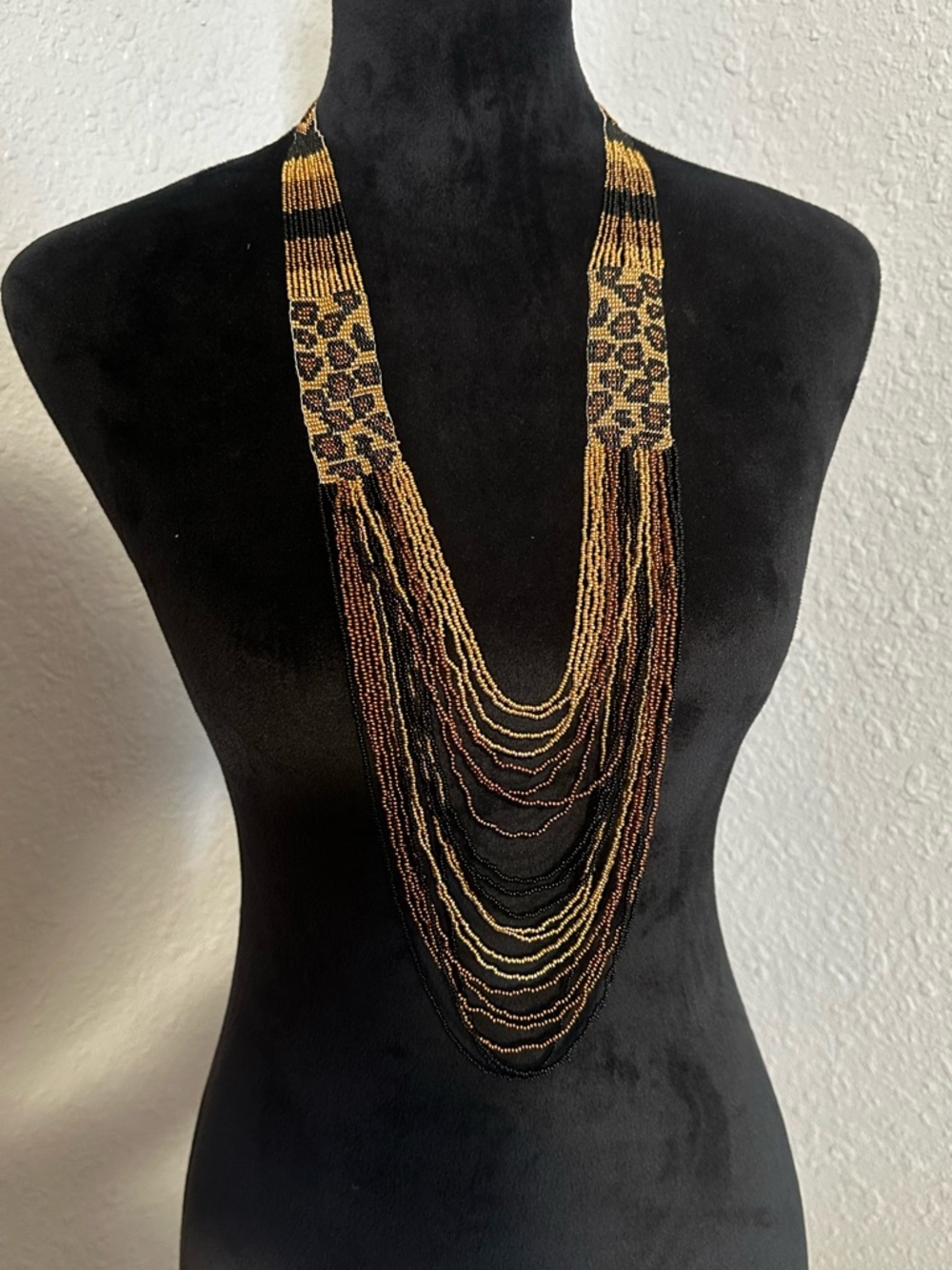 Beaded Multi-Strand Leopard Print Necklace - Black & Gold